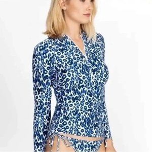 NWT Calme Johnny Was Leopard Surf Shirt Performance Half Zip Swim Top M